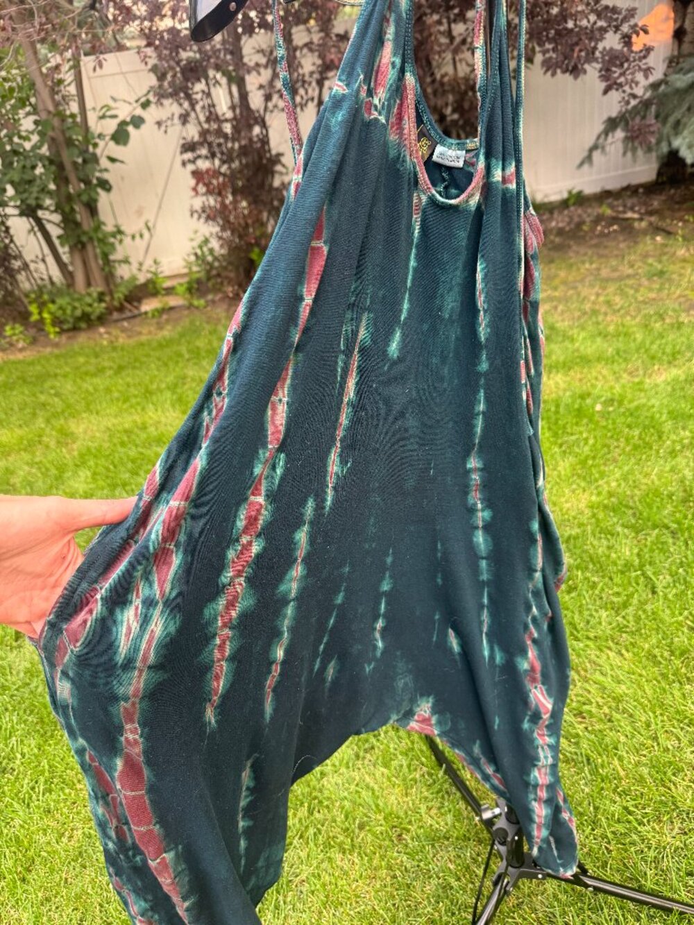 🌀 Slouchy Tie Dye Drop Crotch Harem Jumpsuit Dark Green & Pink w/ Pockets